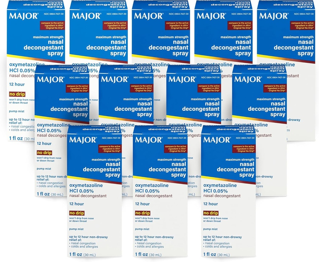 MAJOR 최대 힘 Nasal Decongestant 살포, Oxymetazoline HCl 0.05% 펌프 Mist의 Nasal 살포, Nasal Congestion, 감기 및 알레르기 1 Fl. Oz에서 12 시간 기복까지 비 돌리십시오. (12 팩)