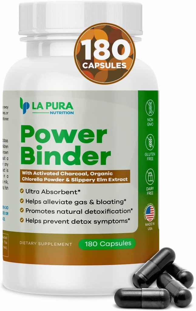 LaPura Power Binder Blend – 활성화된 Charcoal, Organic Chlorella Powder & Slippery Elm Extract와 Detox & Cleanse – 천연 해독 촉진 - 180 캡슐