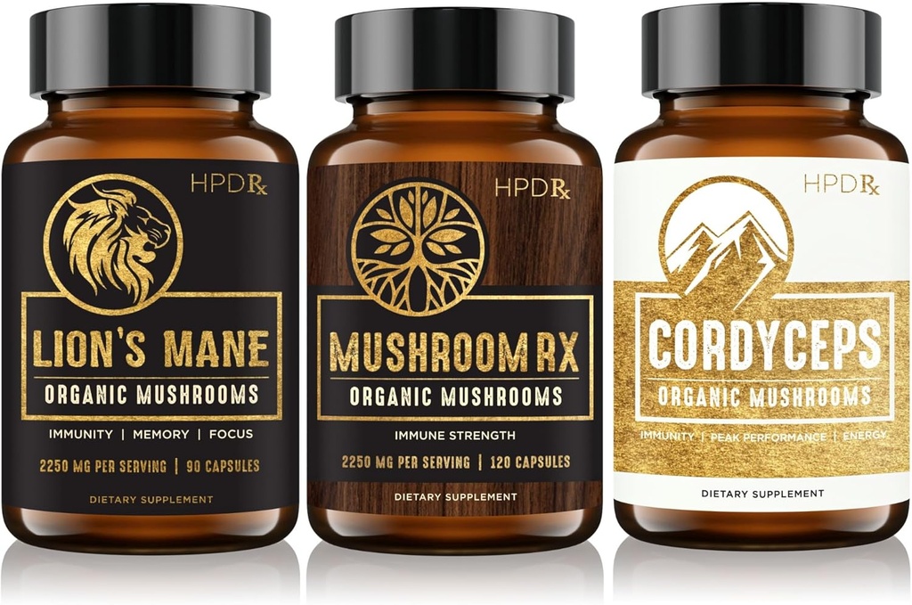 HPD Rx Organic Mushroom Bundle | 버섯 Rx, 사자 Mane & Cordyceps | 면역, 마음 및 신체 건강