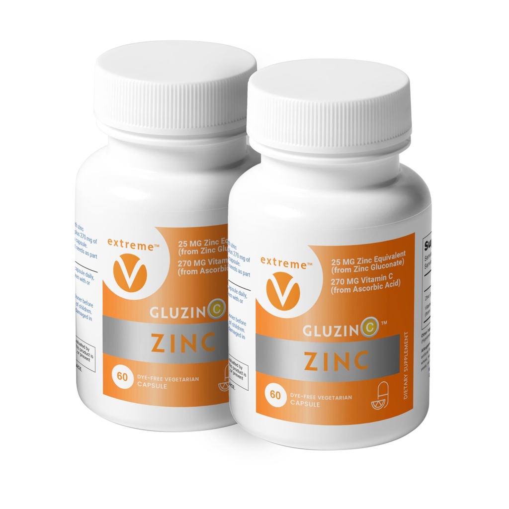 아연 MG25+VC 이중 팩 | 매일 아연 글루코 네이트 + 비타민 C | 25mg + 270mg | 깨끗한 공식, 채식주의자 친절, (2 병, 120 채식 캡슐)