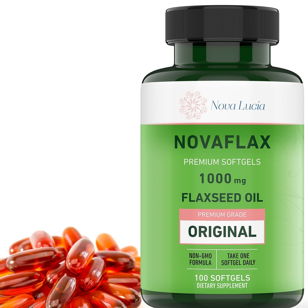Nova Lucia 유기 Flaxseed 기름 캡슐 1000mg – 오메가 3 6 9 머리, 피부 & 못을 위한 softgels – 비 GMO, 글루텐 자유로운, Hexane 자유로운, 삼키기에 쉬운 – 100 액체 Softgels