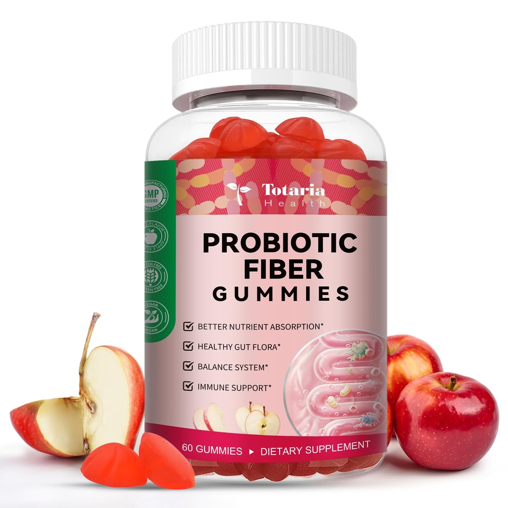 Totaria 9-in-1 Probiotic 섬유 Gummies 성인 및 청소년 16G 섬유, 5 억 CFU Bacillus Coagulans, Inulin, Digestive & Gut Wellness - 60 Gummies와 Psyllium 섬유 보충