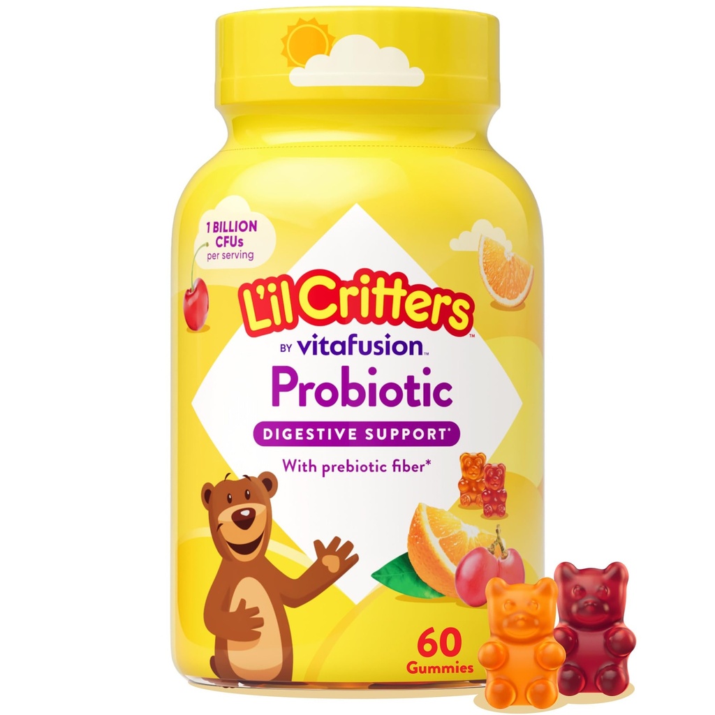 L'il Critters Probiotic Daily Gummy Supplement for Kids, 소화 건강 지원, 포도, 체리 및 오렌지 맛, 60 구미