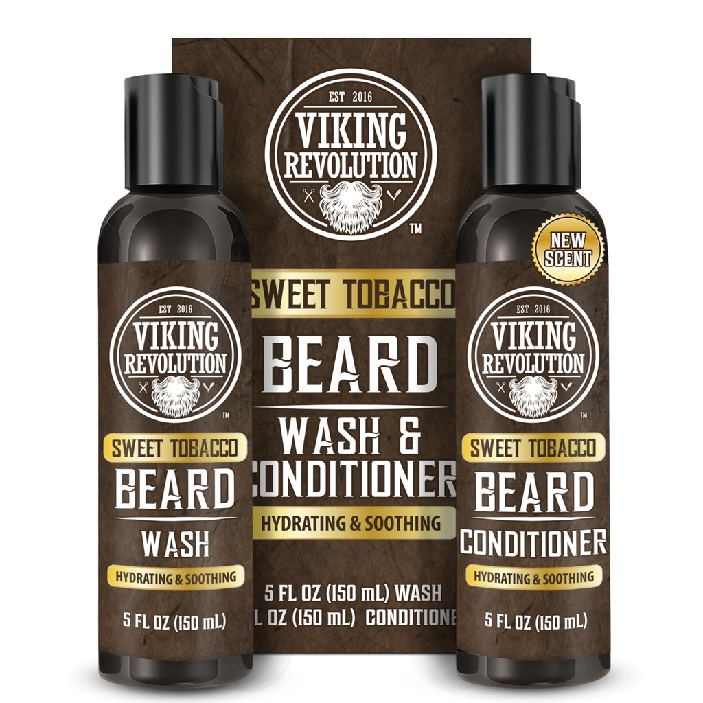Viking Revolution은 Argan Oil과 Jojoba Oil을 가진 남자를위한 세탁 및 Beard 컨디셔너 - Beard Softener 및 Strengthener Beard Care Beard 샴푸 및 컨디셔너 (5oz, 달콤한 담배)