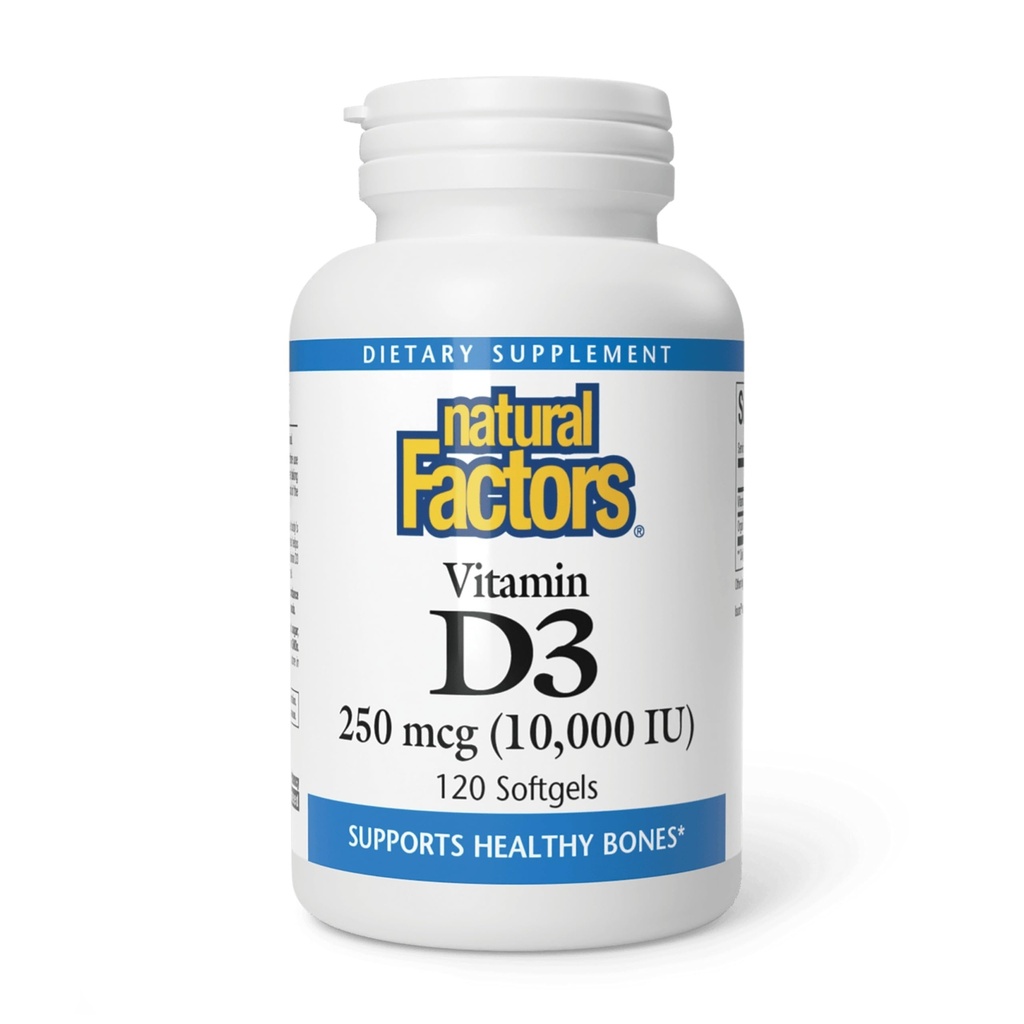Natural Factors Vitamin D3 - 뼈 및 지원을위한 일일 보충 - 비타민 D 보충 보조 건강한 면역 체계 기능 - 강한 관절 및 무릎 지원 - 120 Softgels (120 서빙)