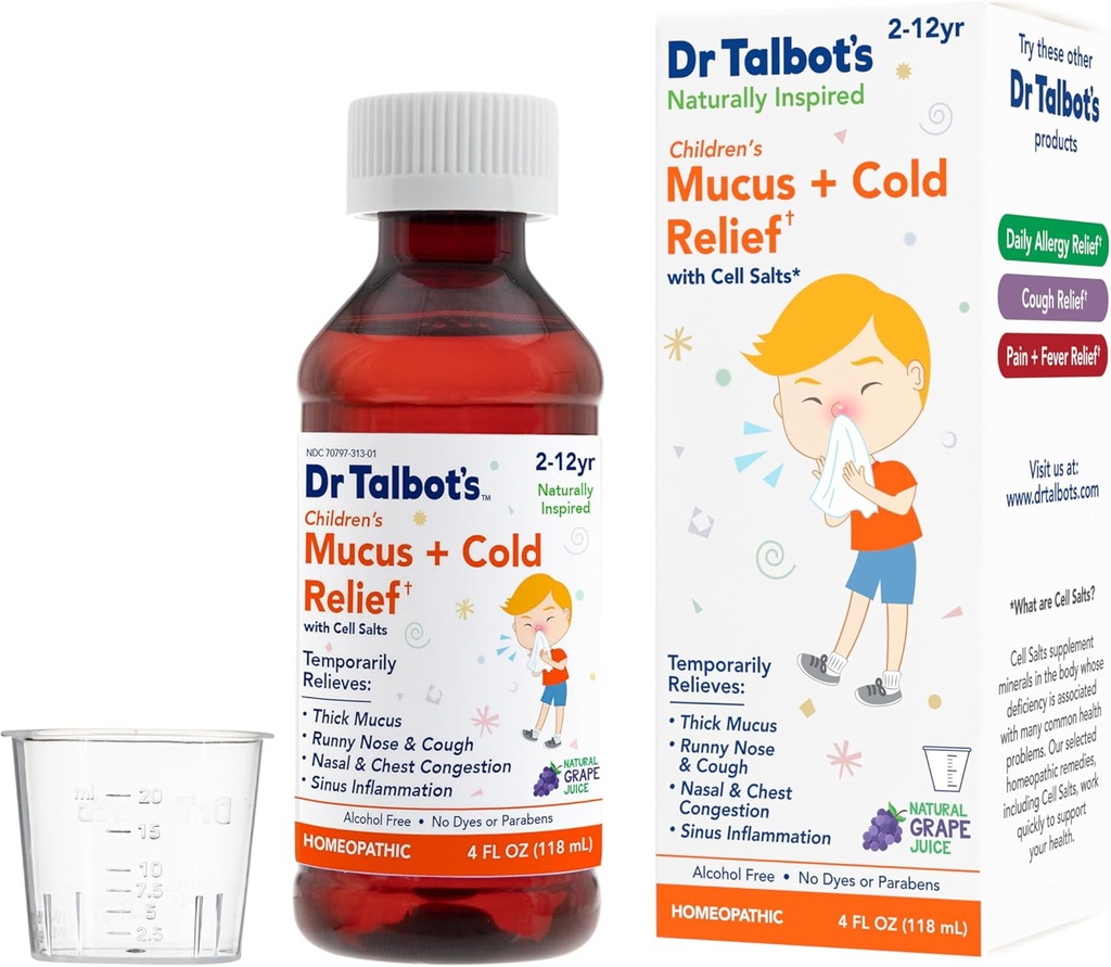 Talbot의 Mucus + Cold Relief Liquid Medicine, Naturally Inspired, 어린이를위한 Dosage Cup, Natural Grape Juice 풍미, 4 Fl Oz 포함