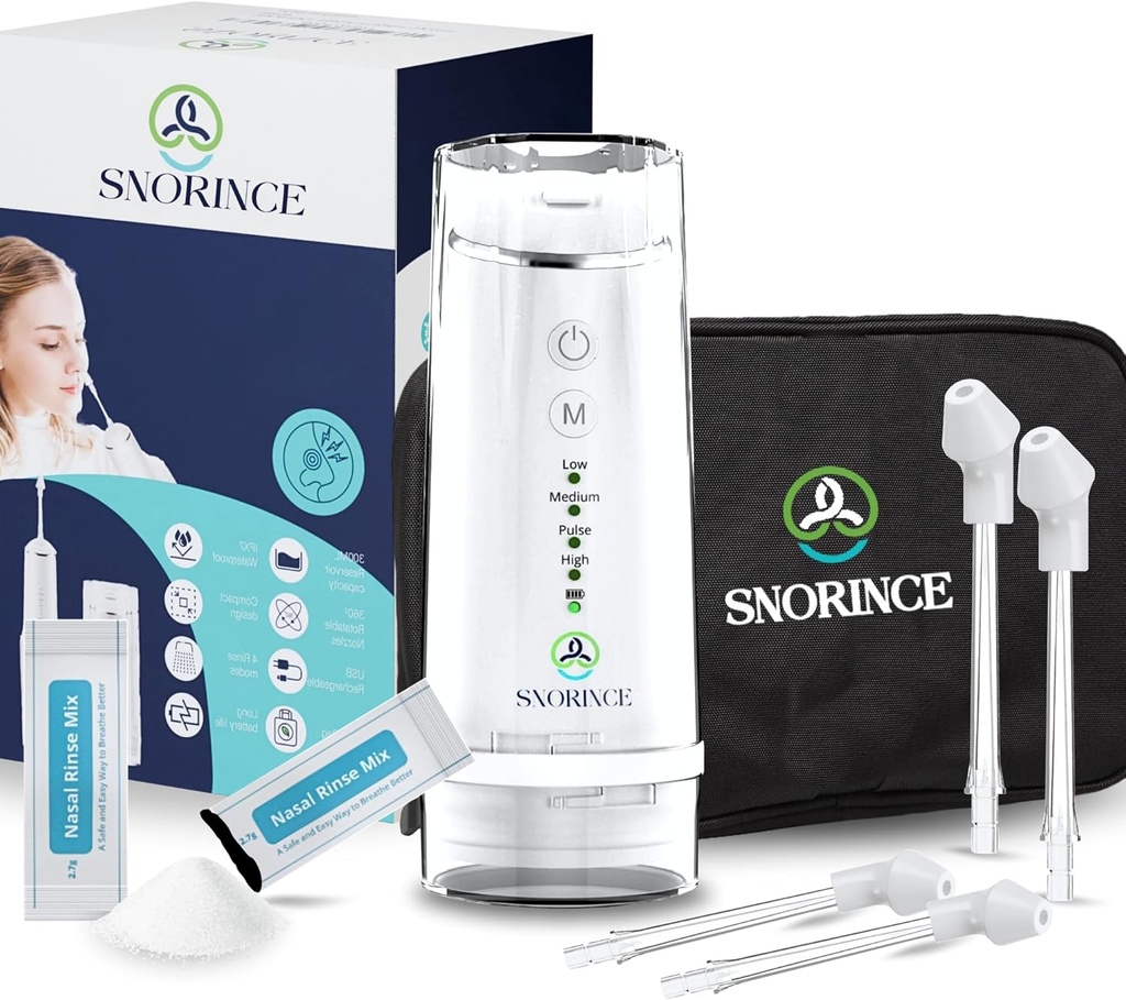 Sinus Relief 용 Nasal Irrigation System - 휴대용 무선 Neti Pot Nose Cleaner - 성인 및 어린이 용 Sinus Flush Kit, 4 Rinse 모드가있는 홈 및 여행, 4 노즐, 40 소금 팩
