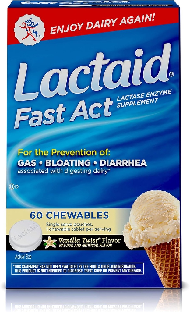 Lactaid 빠른 행위 Lactose Intolerance Chewables Lactase 효소, 바닐라 강선전도, 1ct의 60의 Pks.