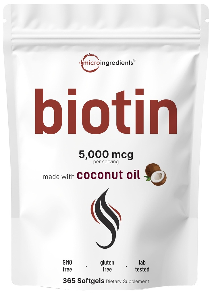 마이크로 성분 Biotin 5,000mcg | 365 버진 코코넛 오일 Softgels, 빠른 릴리스, 1 년 공급 | 건강한 머리, 피부, 및 손톱 지원 | 비 GMO, 글루텐 없음