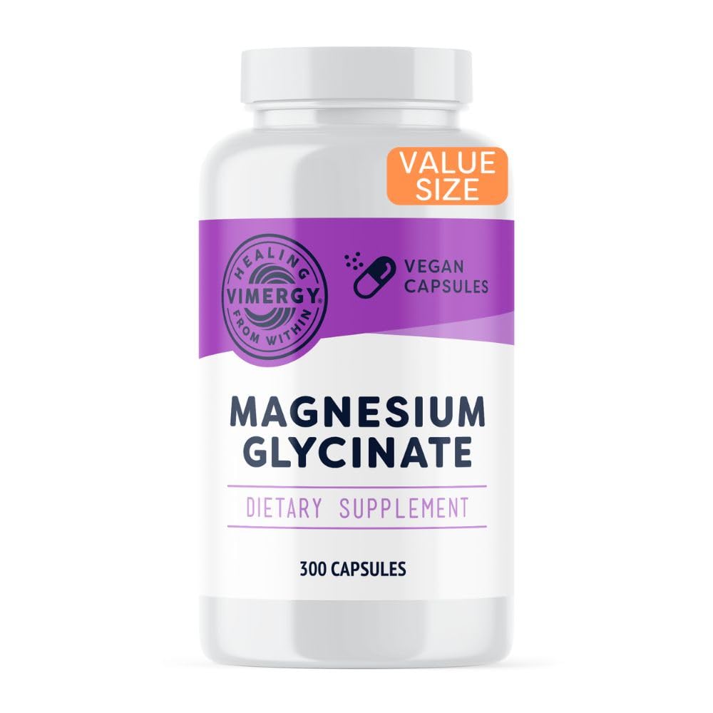 Vimergy Magnesium Glycinate – 스트레스 지원 – Tummy Upset*을 피하기 위해 킬레이트 – 심장 건강 및 에너지 * 촉진, Vegan Gluten-Free – 300 모자