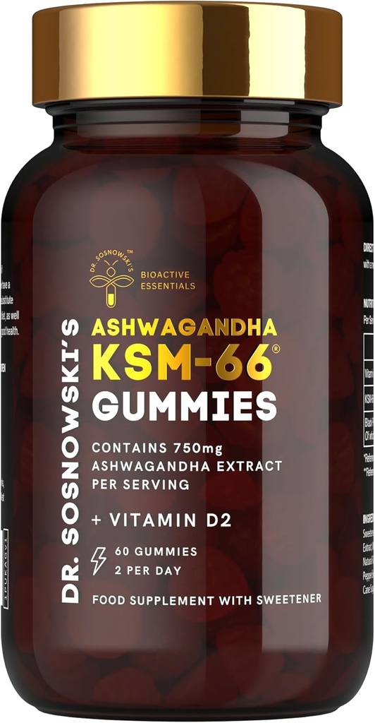 Sosnowski의 BioActive KSM-66 Ashwagandha Gummies 박사 | 비타민 D2 (60 Gummies)와 750mg Ashwagandha 추출물