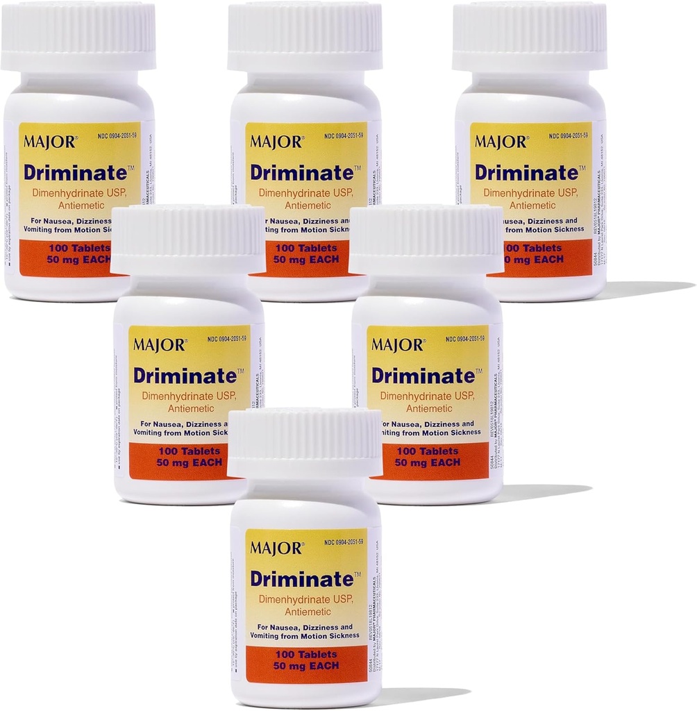 MAJOR Driminate - Dimenhydrinate 50mg 운동 스크리닝 정제 - 항균 약 - 100 정제 (6 팩)