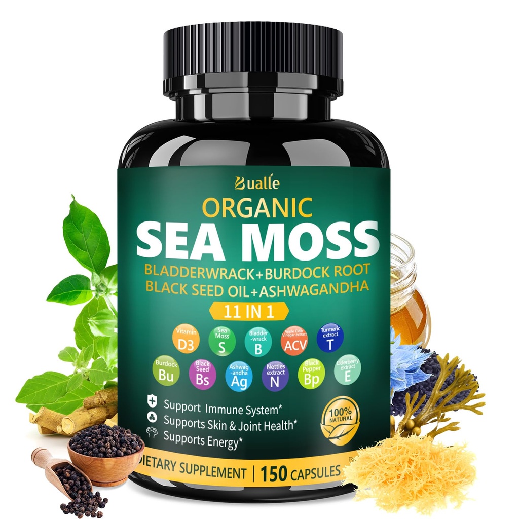 Bualle Irish Sea Moss Capsules – Organic Sea Moss, Black Seed Oil, Bladderwrack, Ginger & Burdock Root와 Ashwagandha Supplements - 매일 웰빙, 피부 및 에너지 지원 - 150 캡슐 (1 팩)