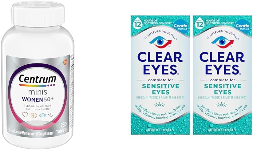 Centrum Minis Silver Women's Multivitamin for Women 50 Plus, 비타민 D3, B 비타민, 비 GMO 성분, 지원 메모리 및 노인에 대한 공동 임신 - 280 Ct & Clear Eyes, 과민한 눈, 눈 방울, 0.5 Oz, 2 팩