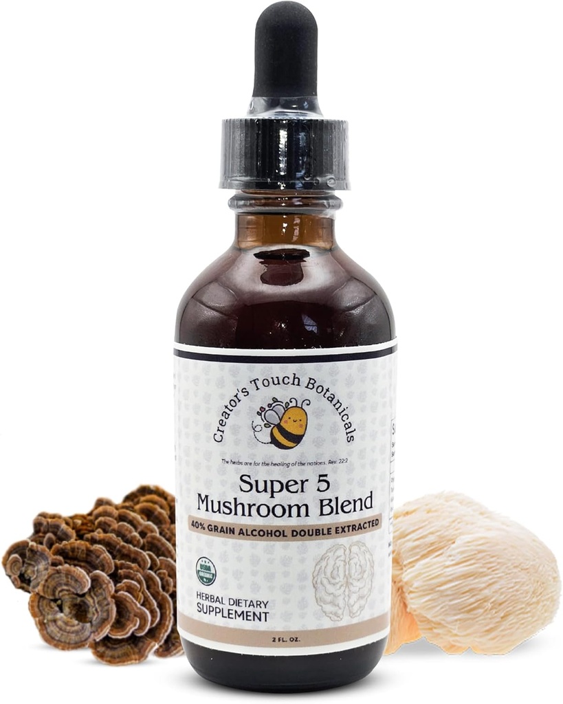 Creator's Touch Botanicals, Super 5, Mushroom, Reishi, Turkey Tail, Lions Mane, Chaga 및 Maitake Mushrooms와 혼합 2 fl oz. 두 배는, Macerated 추출했습니다.