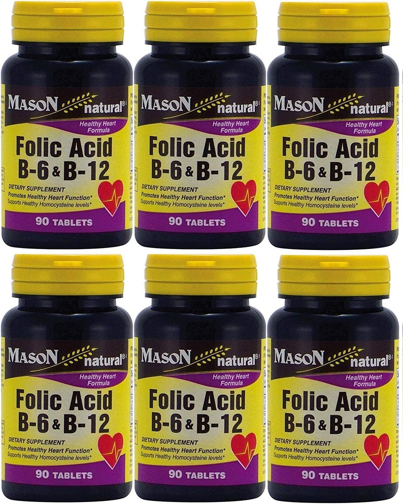 Mason 비타민 Folic 산 B-6 & B12 심장 건강 공식 90 병 팩 당 6 총 540 정제