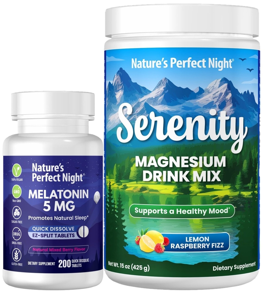 Nature's Perfect Night Melatonin 5mg 빠른 혼합 Berry 200 Count with Serenity Magnesium Powder 15 oz Lemon Raspberry