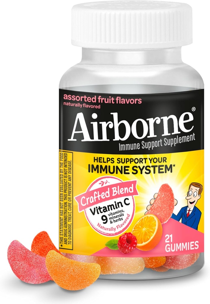 성인을 위한 Airborne 750mg 비타민 C Gummies, 강력한 산화 방지제 비타민 A C & E - 21 Gummies, 분류된 과일 풍미를 가진 면역성이 있는 지원 보충교재