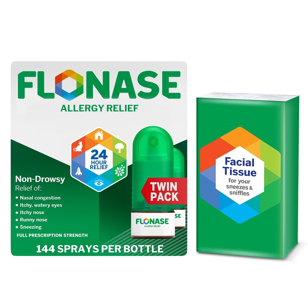 Flonase Allergy Relief Nasal Spray, 24시간 Non-Drowsy Multi-Symptom Relief – 144 스프레이 (패키지 2) 플러스 Tissues의 보너스 팩