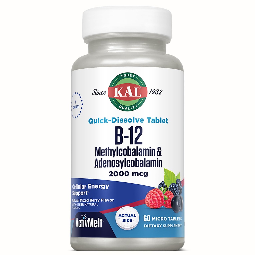 KAL 비타민 B12 Methylcobalamin와 Adenosylcobalamin 2000 mcg ActivMelt, B12 에너지 보충교재, 대사, Nerve, 빨간 혈액 세포 지원, 높은 흡수, 자연적인 Berry, 60의 봉사, 60의 마이크로 정제