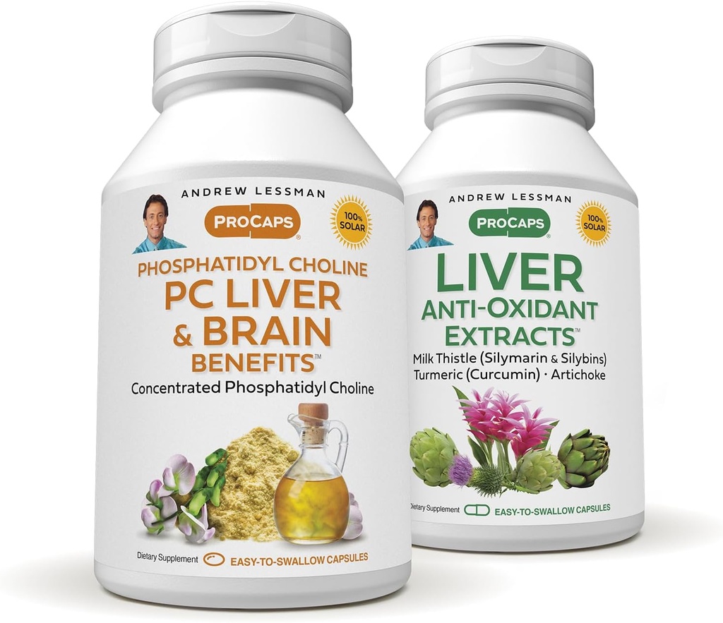 ANDREW LESSMAN PC Liver 및 두뇌 혜택 + Liver Anti-Oxidant Extract Kit : 300 캡슐 (180+120) - Phosphatidyl Choline, 우유 이틀, Artichoke, Curcumin.