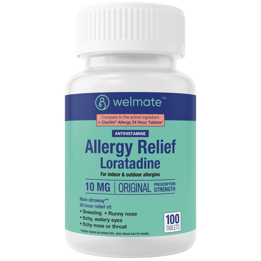 WELMATE - 알레르기 구호 - Loratadine 10 mg - 24 시간 구호 항히스타민 - 비 Drowsy - Runny Nose - Sneezing - Itchy Nose & Throat - Watery Eyes - 실내 및 실외 알레르기 약물 - 100 조사