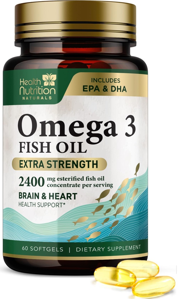 오메가 3 생선 기름 2400 mg - 트리플 강도 오메가 3 보충제 - 천연 두뇌 심장 건강 및 면역 지원 - EPA 및 DHA와 지방산 - 야생 잡힌 정제 생선 기름 보충 - 60 Softgels
