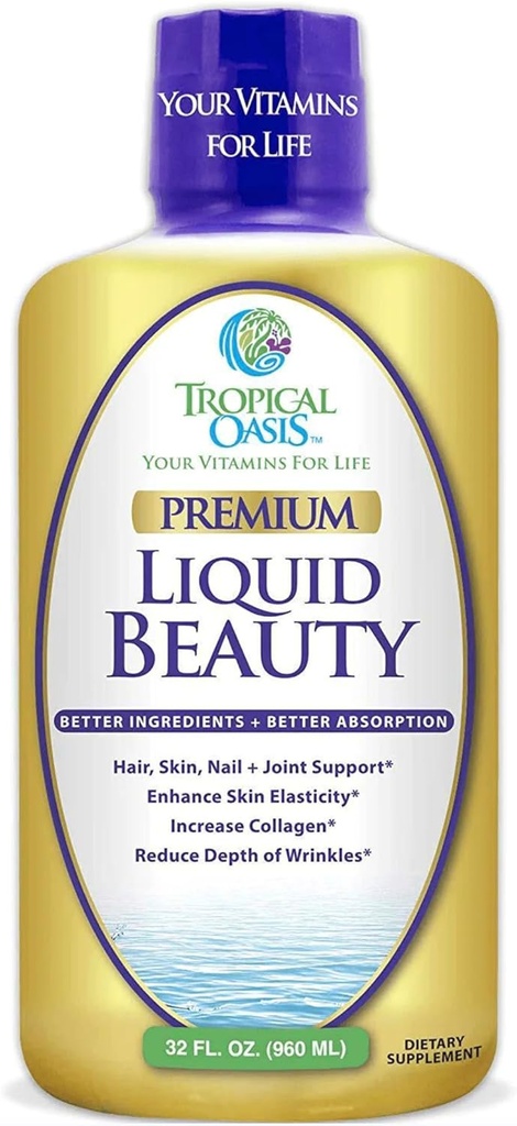 Tropical Oasis - 액체 뷰티 | 헤어, 스킨, 네일 성장 보충 - Biotin + Hydrolyzed Collagen (32 인분)