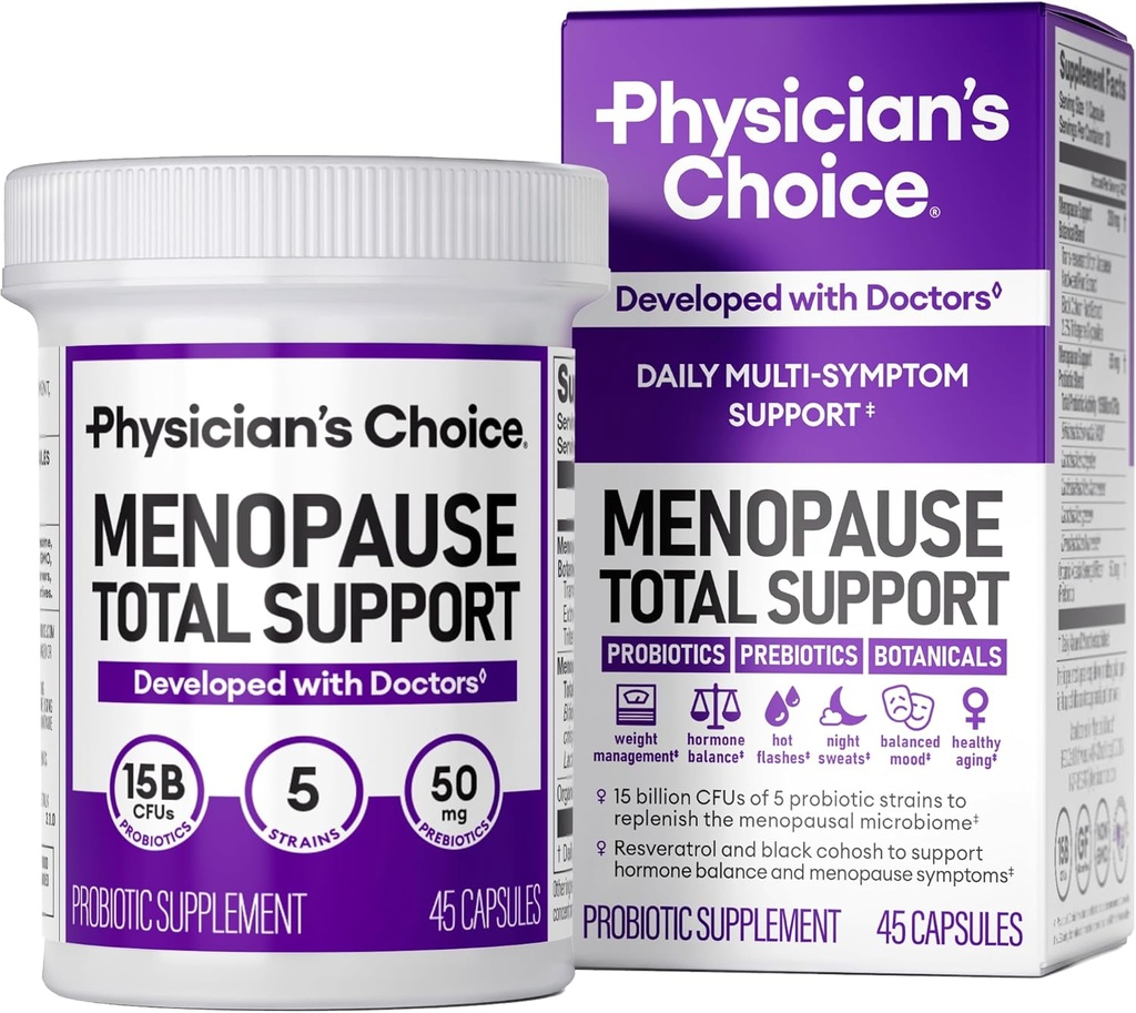 Physician 's CHOICE Menopause Probiotic Supplement for Women - 지원 호르몬 균형, 핫 플래시, 나이트 땀, 체중 관리, Bloating & Gut 건강 - 블랙 코호시, Resveratrol + - 45ct