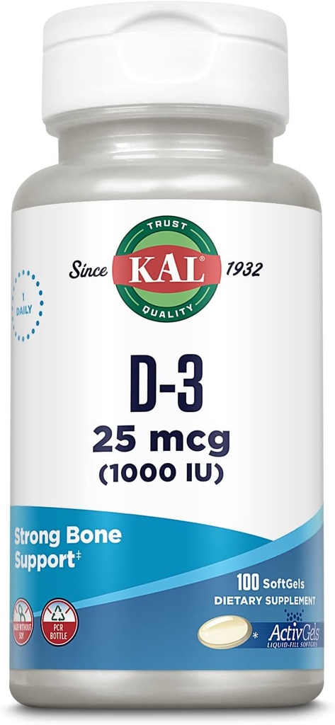 KAL 비타민 D3 1000 IU Softgels (25 mcg), 비타민 D, 칼슘 흡수, 뼈 건강, 면역 지원 보충교재, 액체 채워진 ActivGel, Soy 없이 만드는, 100개의 서빙, 100 Softgels