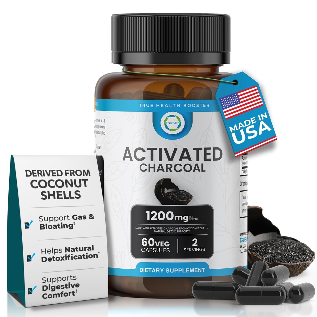 활성화된 목탄 캡슐 1200 MG, 60 Veg 모자, 30 일 프리미엄 해독 & 소화 지원, 가스 & 부유물, 유기 야자열매 포탄 목탄, Gut 건강, 미국 만드는.