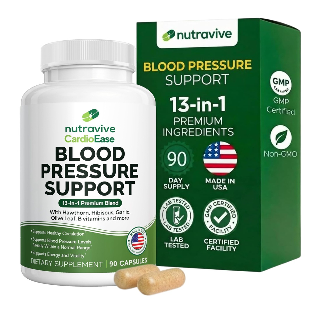 Nutravive 혈압 지원 보충교재 – Hawthorn, 마늘, 올리브 잎, Hibiscus & B12를 가진 자연적인 심장 & 순환 지원 – 미국 만드는, GMP 시설 - 90의 캡슐