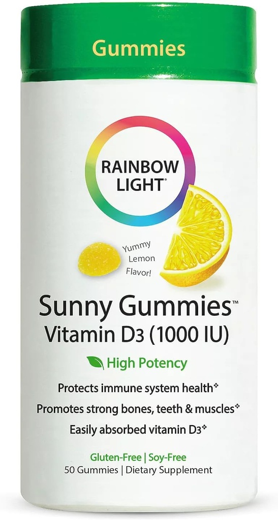 Rainbow Light - Sunny Gummies 비타민 D3 1000 IU, 건강한 뼈, 근육 및 비타민 D3, Soy-Free, Gluten-Free, Sour Lemon, 50 Gummy Drops와 가족 친화적 인 Chewable의 면역성 지원