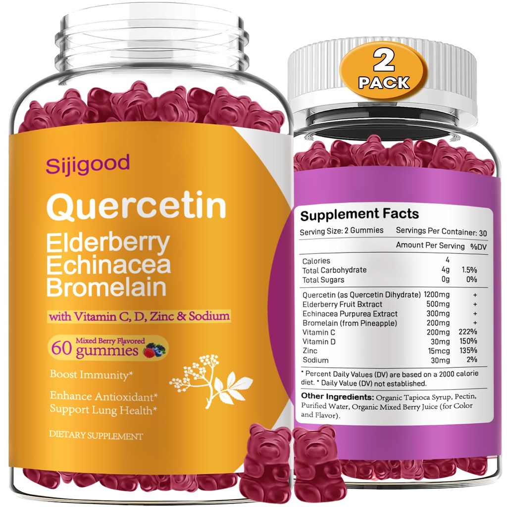 Bromelain Gummies, Elderberry, Echinacea, 비타민 C D 아연을 가진 2개의 팩 Quercetin - 면역 체계 지원 120는 아이들 & 성인을 위한 순수한 Quercetin 보충교재 Gummies를 조사합니다