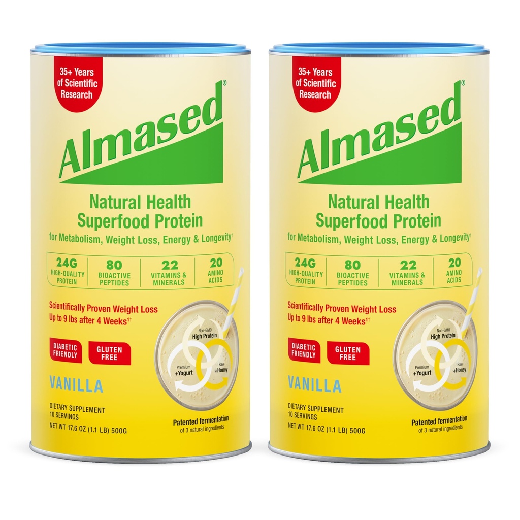 Almased 바닐라 식사 보충 Shake - 낮은 글리세라이드 높은 식물 기본적인 단백질 분말 영양 무게 건강 지원 보충교재 - 바닐라 풍미 - 17.6 oz (1.1 파운드 (2 팩)