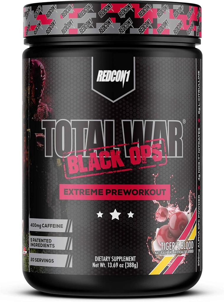 REDCON1 Total War Black Ops Extreme Preworkout Powder, Tigers Blood, High Stimulant, 400 mg Caffeine, NO3-T Nitrates + L-Citrulline, 증가 혈액 흐름, 근육 펌프 (20 서빙)