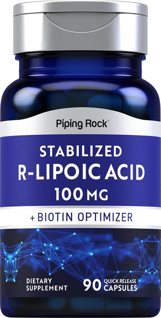 Piping Rock 안정화 R-Lipoic Acid 100mg | 90 캡슐 | Biotin Optimizer | Non-GMO, 글루텐 무료 보충