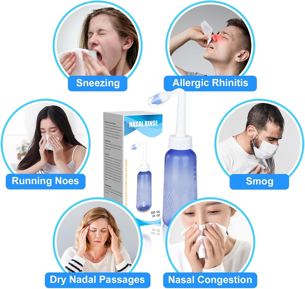300 ML Nasal Rinse Neti Pot Sinus Rinse Bottle Gentle Nasal Wash Bottle Nose Cleaner 성인 및 Kid 효과적인 압력 Irrigatio 20 Nasal Wash Salt Packets BPA 무료