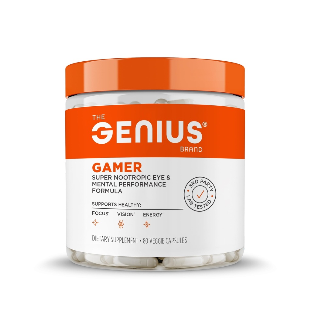 Genius 게이머, 게임 포커스 보충, 80 알약 - 엘리트 Nootropic 성능 부스터 - Boost Brain & Mental Clarity, 반응 시간 & 농도 - Lutemax와 블루 라이트 지원