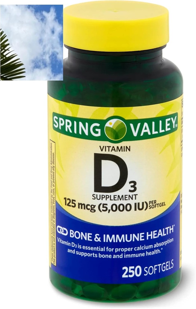 스프링 밸리 비타민 D3 Softgels, Softgel 당 125 mcg, 5,000 IU, 250 조사