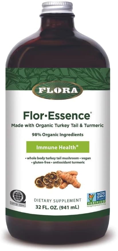 Flora Health Flor-Esence with Turkey Tail & Turmeric, 다당류, 35+ Phenolic Compounds with Antioxidants and Immunity Support, 32-fl. oz. 유리 병
