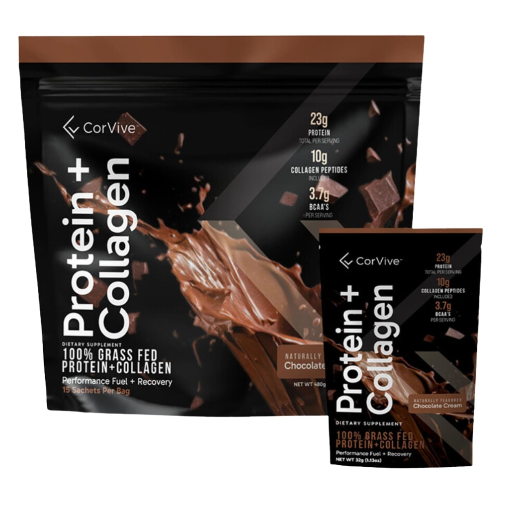 Protein + Collagen Powder | 23g Protein (Grass-Fed Whey + Collagen) | 3.7g BCAAs | 근육 및 관절 건강 지원 | 글루텐 & 콩 무료 | 인공 성분 | 15 Sachets - 초콜릿