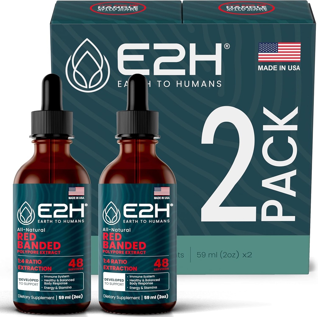 E2H Red Banded Polypore Extract - 면역 지원, 소화 건강, 에너지 및 자연 면역 부스트 (2 병)을위한 버섯 보충 공식