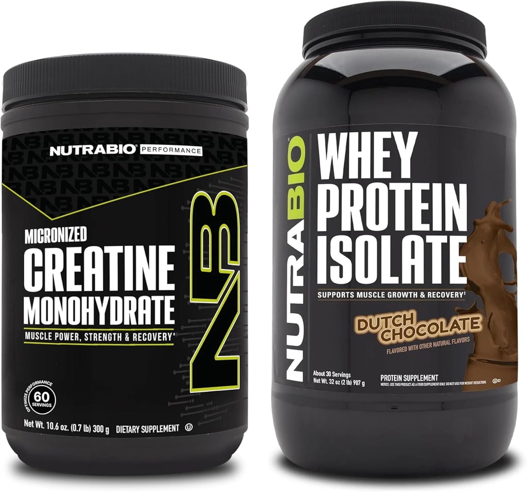 NutraBio Creatine Monohydrate, Unflavored, 300g 및 Whey Protein Isolate, 네덜란드 초콜릿, 보충 번들 - 근육 에너지, Lean 근육 성장, 회복 및 힘