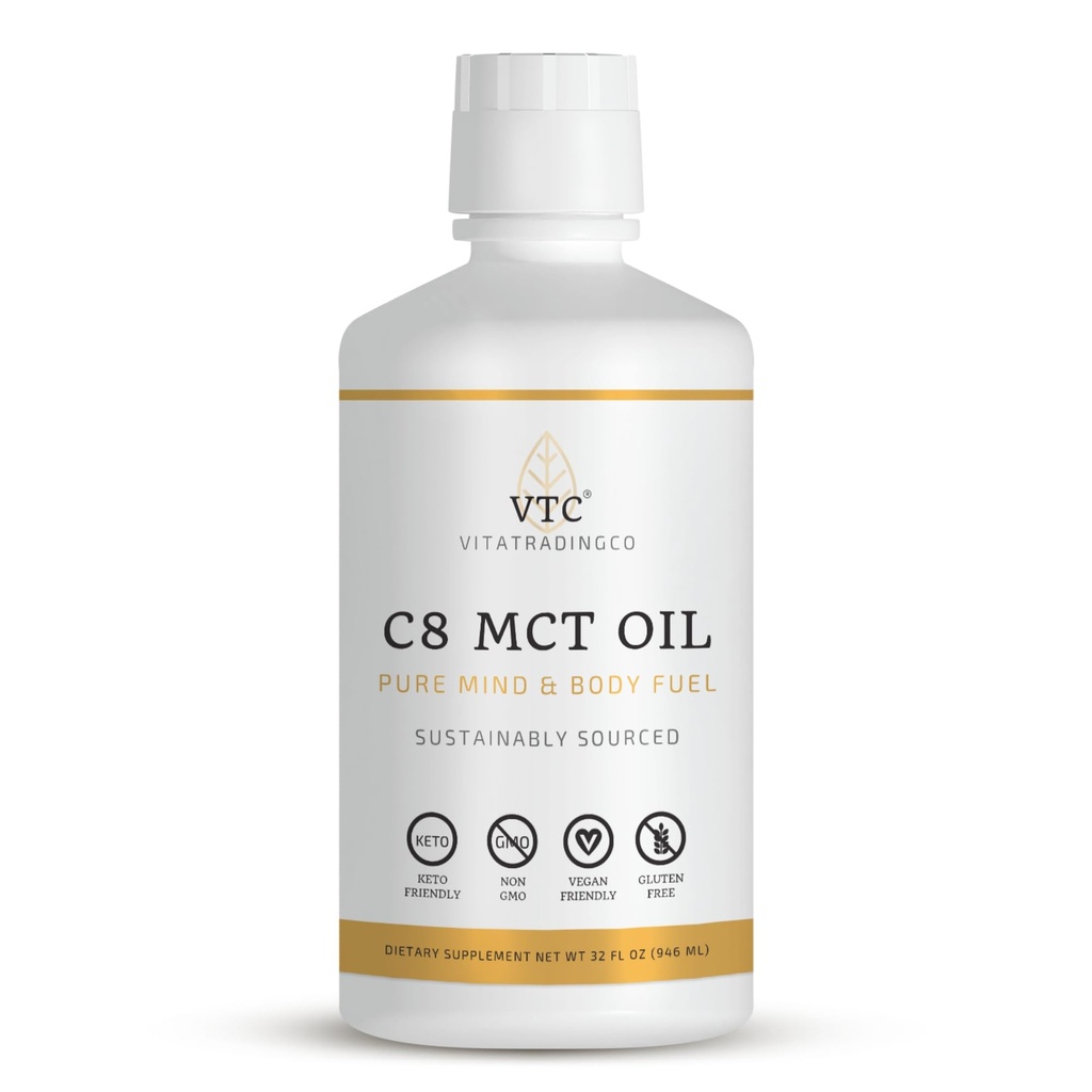 VTC VitaTradingCo. 100 % 순수 C8 MCT 오일 | 3X 증류 Caprylic 산 | 청정 에너지에 대한 건강한 지방 | 안정적으로 Sourced | Non-GMO, Paleo, Keto | 32oz, 64 서빙 (불꽃)