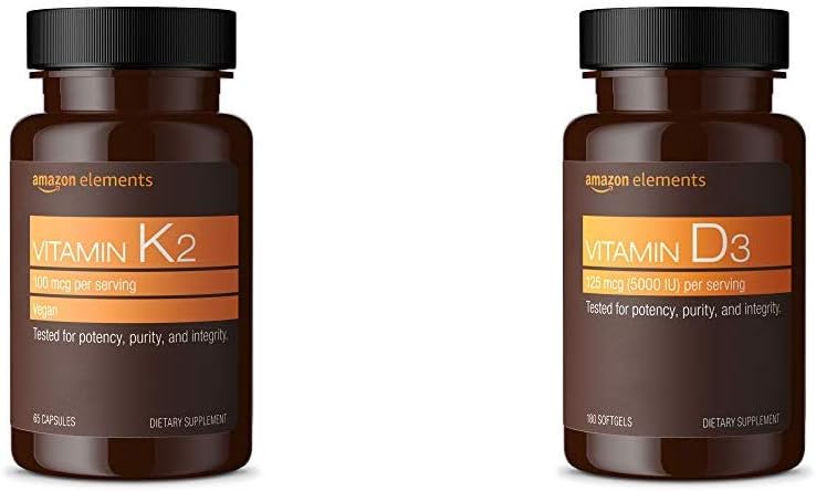 성분 비타민 K2 (100 mcg, 65 캡슐)와 비타민 D3 (5000 IU, 180 Softgels)