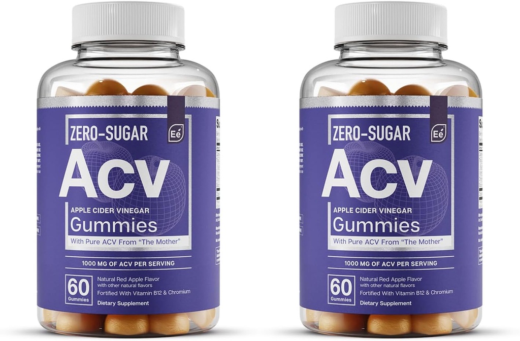 Essential Elements Zero-Sugar ACV Apple Cider Vinegar Gummies from “어머니” - 자연적으로 소스, 크롬 60 카운트 (2 팩)와 Vegan ACV Gummies