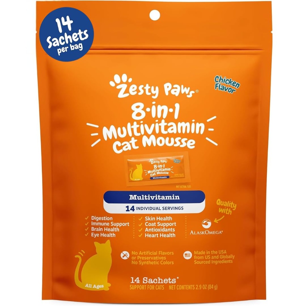 Zesty Paws 8-in-1 Multivitamin Cat Vitamins & Supplements Mousse - 실내 고양이를위한 고양이 비타민 - 식이 요법은 Gut, Immune, Heart, Skin & Coat Support - 치킨 14ct을 위해 자릅니다.