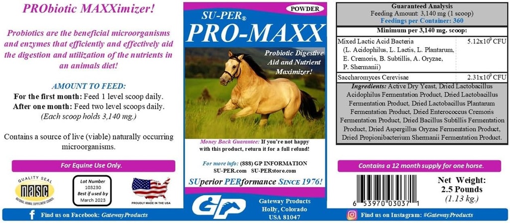 SU-PER Pro-Maxx Probiotics for Horses - Equine Digestive Aid 및 Nutrient Maximizer - Proper Gut Health 및 Microbial Balance 유지 - 2.5 파운드, (2 팩)