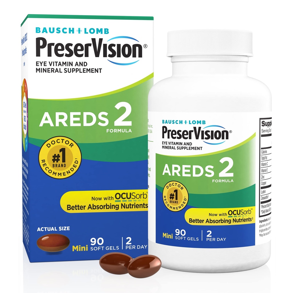 PreserVision는 비타민 C, 비타민 E, 아연 및 구리, 90 Softgels (Minigels)를 가진 2개의 눈 비타민, #1개의 눈 의사 추천된 상표, Lutein 및 Zeaxanthin 보충교재입니다